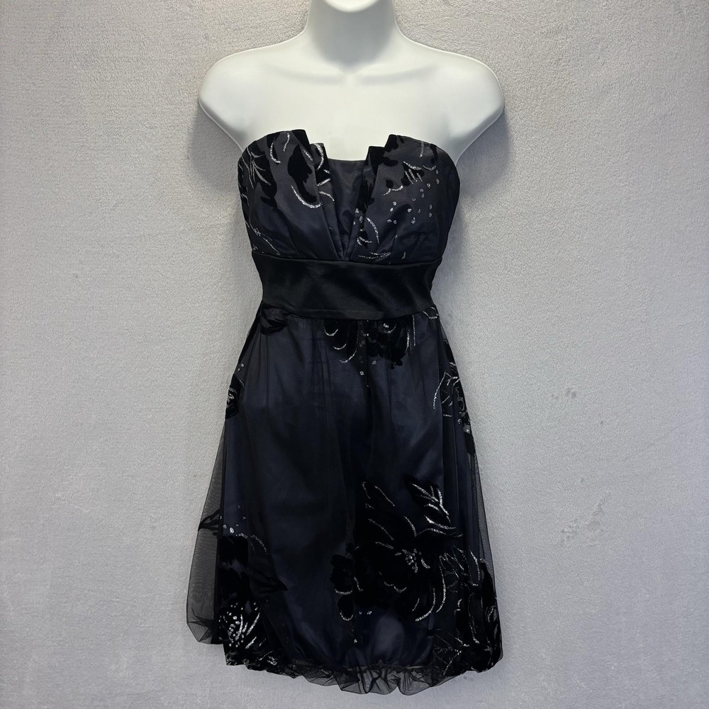 Trixxi Y2K Strapless Velvet Burnout Bubble Hem Dress Size 9 Black Glitter Goth